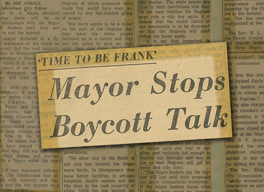 “Mayor Stops Boycott Talk,” Montgomery Advertiser, January 24, 1956 Newspaper headline enlarged over background of yellowed newspaper article text
