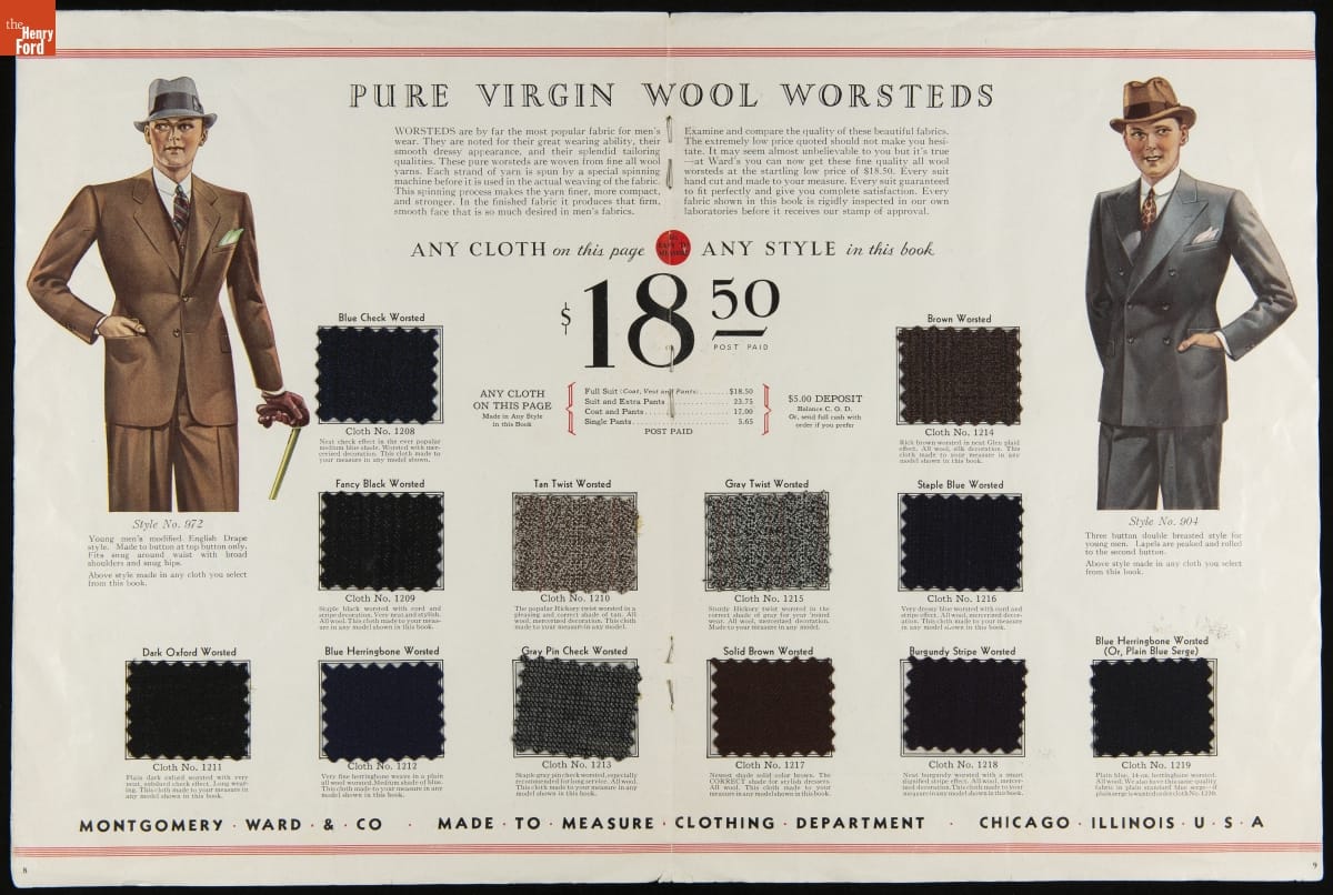 Page with illustration of two men in suits and hats, accompanied by rectangular fabric swatches and text 