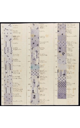 GIF cycling through three sheets containing rectangular fabric samples in a variety of colors and patterns in rows; also contains handwritten numbers and text