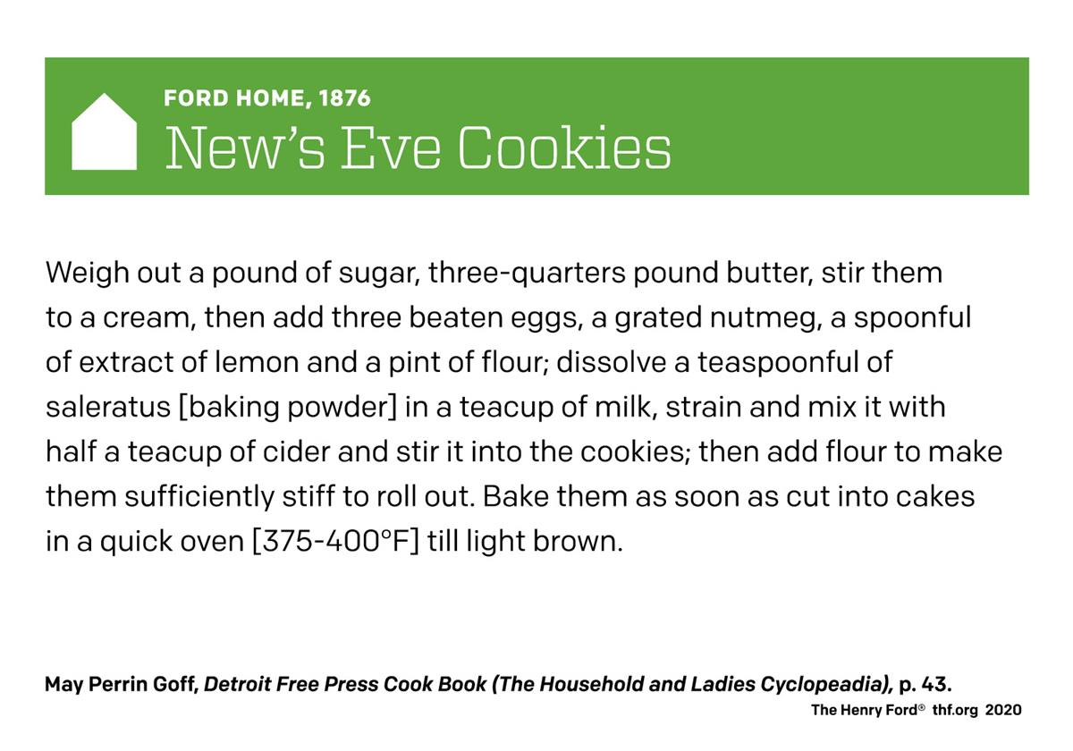 New Eve Cookies Recipe Card from Holiday Nights in Greenfield Village, 2020 Recipe card with text