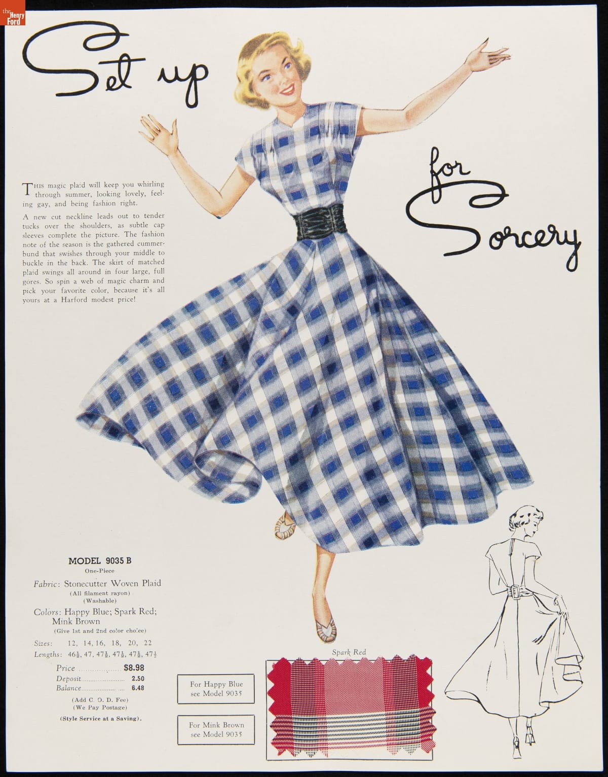 Illustration of blonde-haired woman in blue and white plaid dress and wide black belt; page also contains smaller black-and-white line drawing of back of woman in the same dress, a fabric swatch in a red plaid, and text