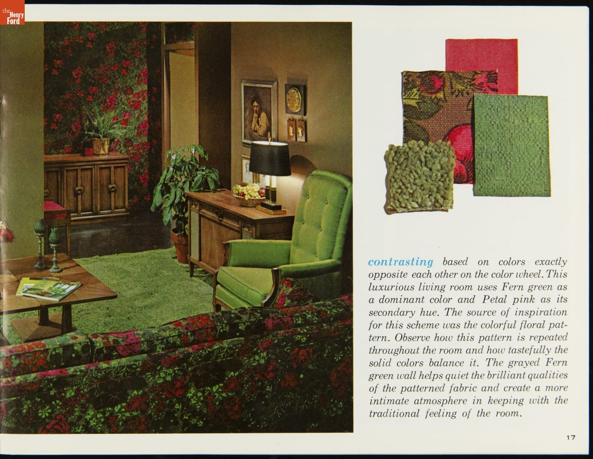 Left side of page contains photo of room with green carpet and chair; red-and-green floral sofa and matching wallpaper; other occasional furniture and knick-knacks; right side of page contains images of fabric swatches and text