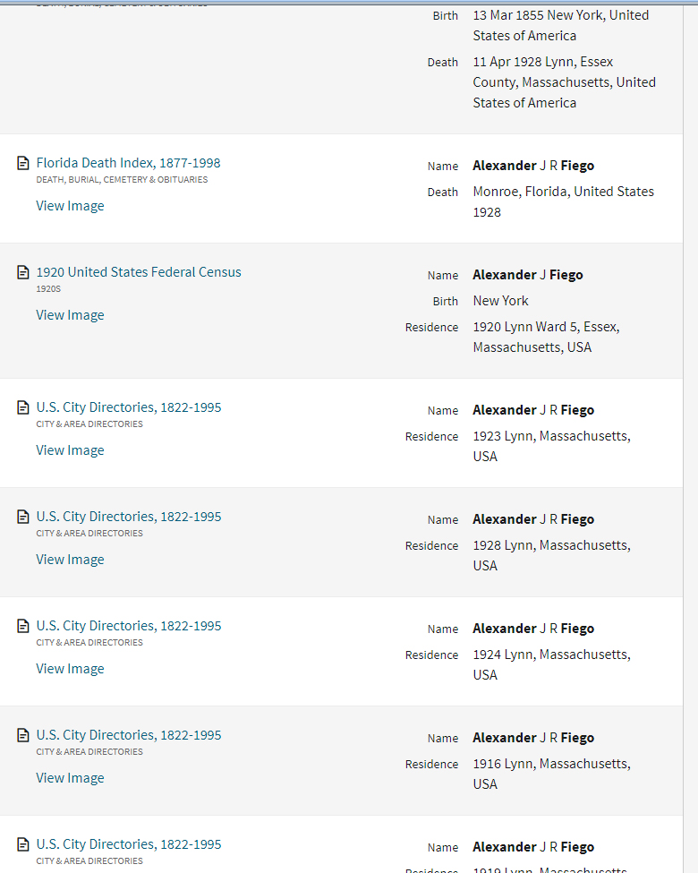 Screenshot showing AncestryLibrary.com records used in researching Alexander J.R. FIego page with text
