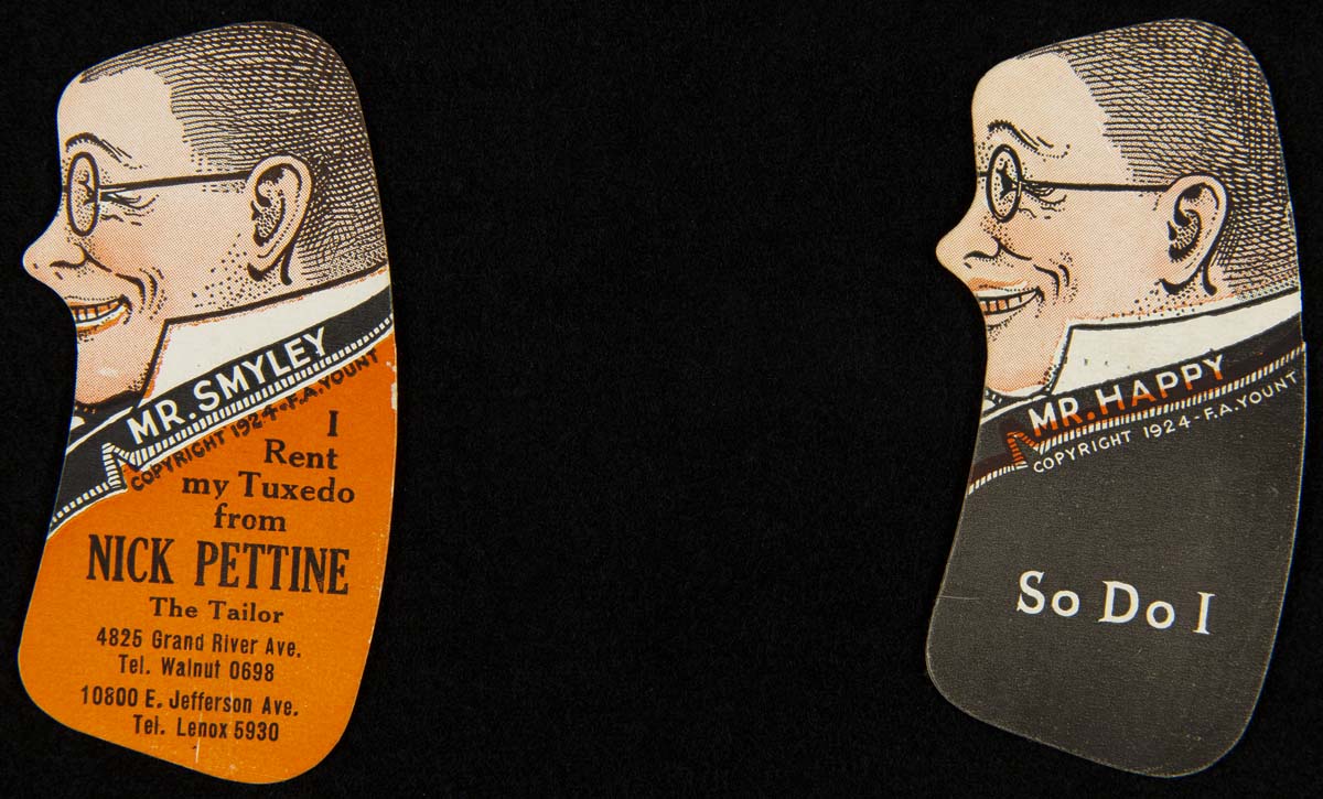 Mr. Smyley and Mr. Happy's Optical Illusion Trade Card for Nick Pettine Tuxedo Rentals, 1924 Two cards, each at far side of image, shaped like torso and face of a man, one wearing an orange coat and one a black coat; contains text