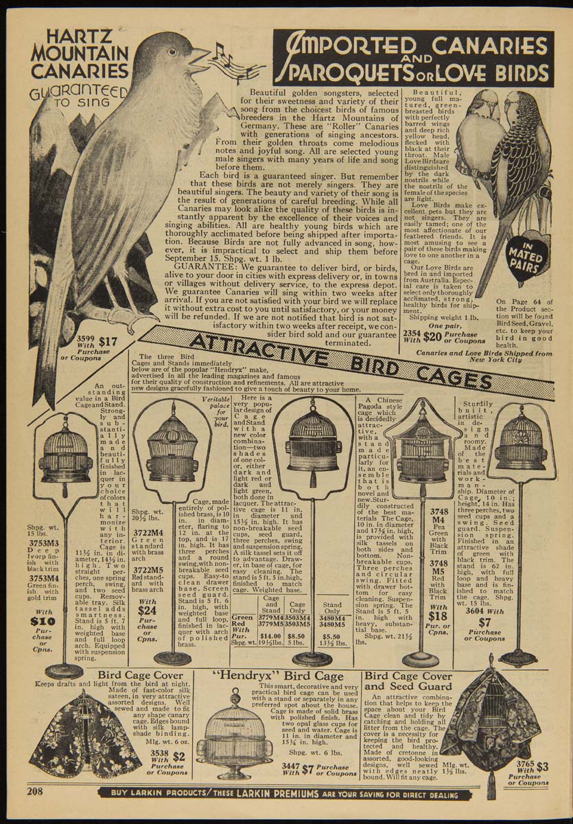 Larkin Company Trade Catalog, "The World's Greatest Premium Values, Larkin Co. Inc.," Fall and Winter 1930 Page containing line drawings of birds and birdcages and lots of text