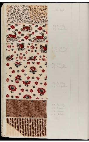 GIF cycling through three sheets containing rectangular fabric samples in a variety of colors and patterns in rows; also contains handwritten numbers and text