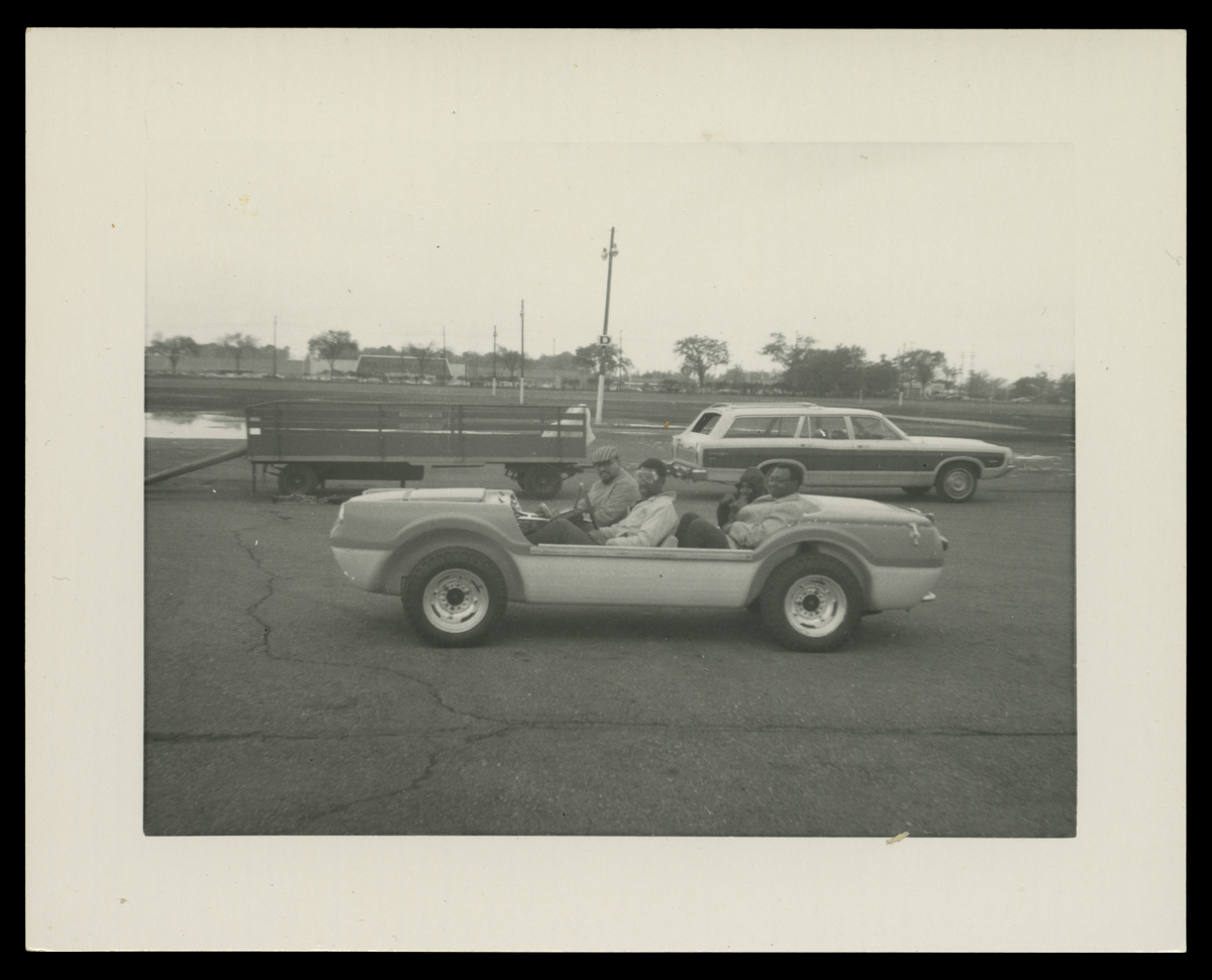 McKinley Thompson and Crew Testing the Warrior Concept Car, 1969 Three men in doorless, open top vehicle