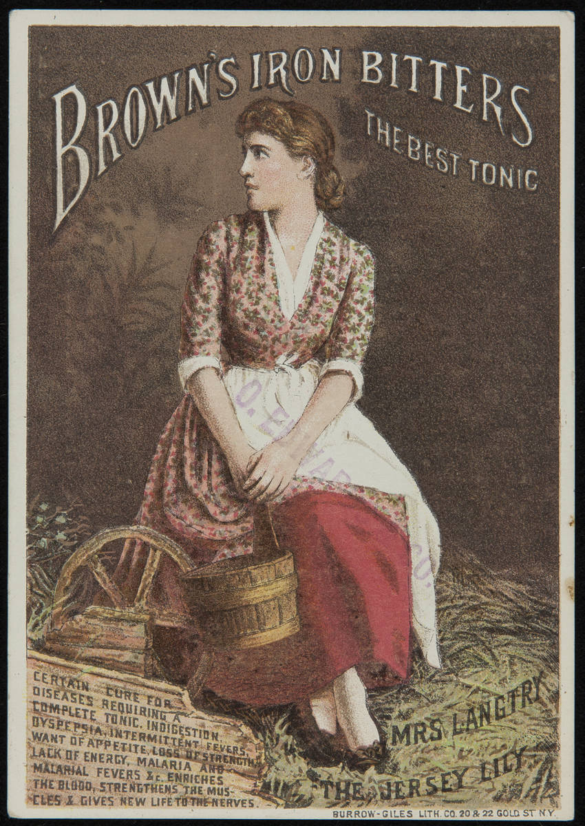 Trade Card for Brown's Iron Bitters, Brown Chemical Co., 1890-1900 Card with seated woman in dress and apron, holding a bucket; also contains text