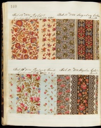 Sheet containing two rows of rectangular fabric samples in a variety of colors and patterns; also contains handwritten numbers and text