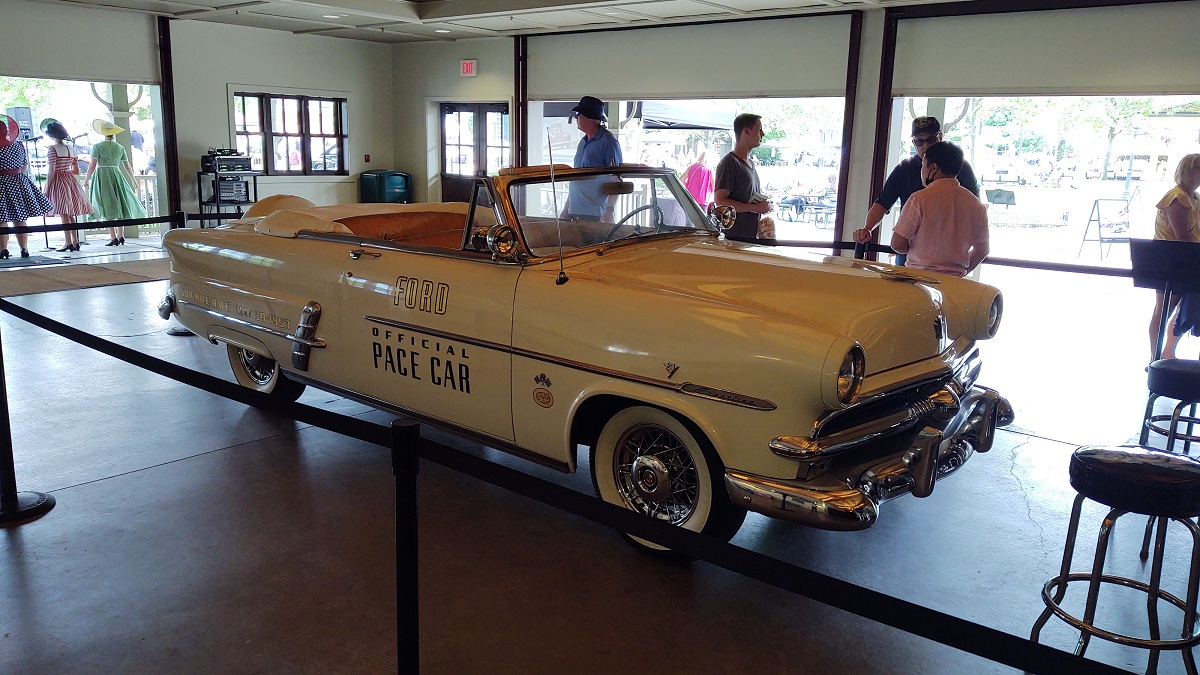 1953 Ford V-8 Pace Car, Used at Indianapolis 500 Race White convertible in building with people standing nearby