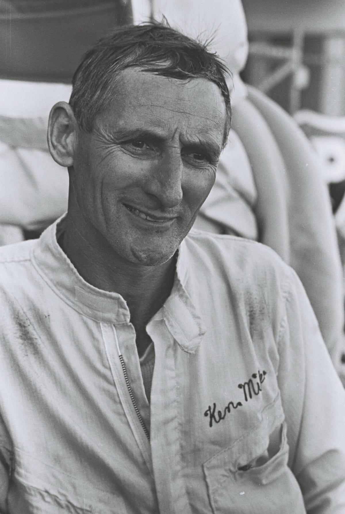 Ken Miles at the 24 Hours of Le Mans Race, June 1966 Black-and-white photo of smiling man