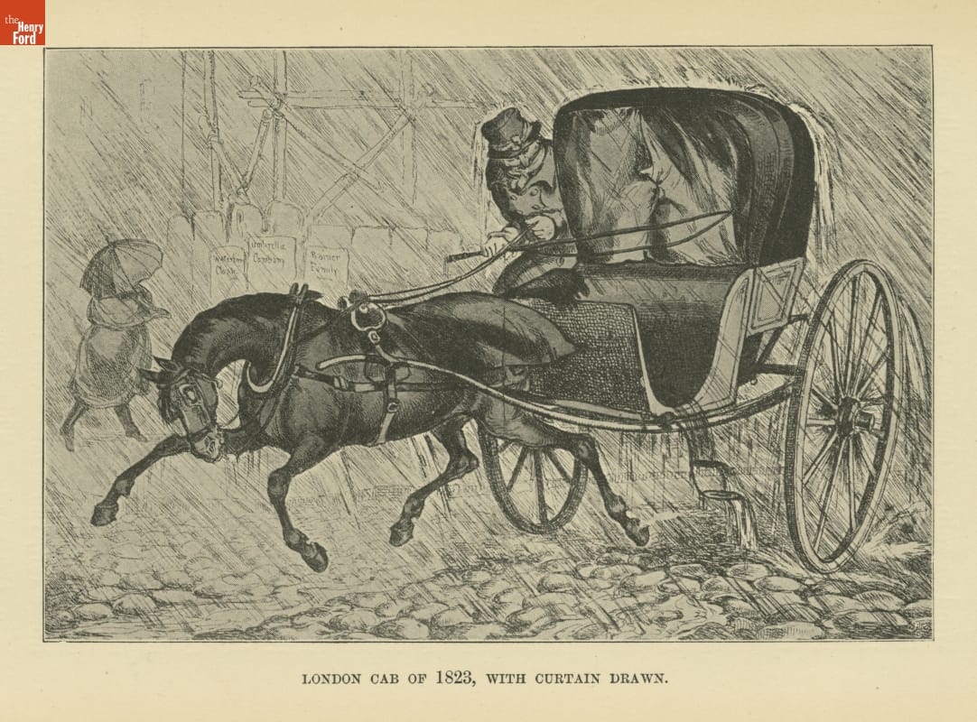 "Omnibuses & Cabs, Their Origin & History," 1902 / page 207 detail Image of horse and carriage, driver sitting in carriage, on a rainy street