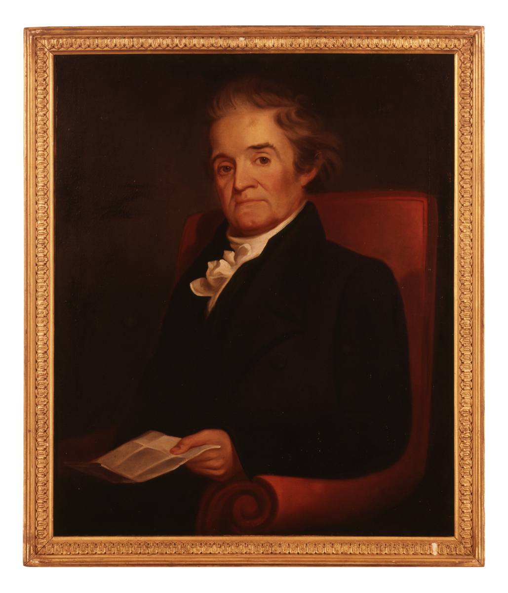 Copy of Oil Portrait of Noah Webster, after 1823 Painting of man with white hair in dark suit and white cravat, sitting in an armchair and holding a piece of paper
