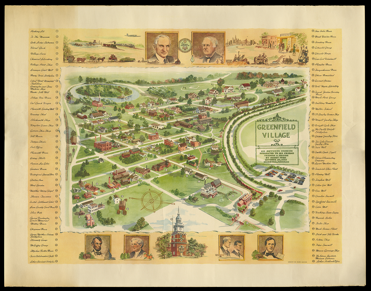 Pictorial map showing building locations with legend (contains text)