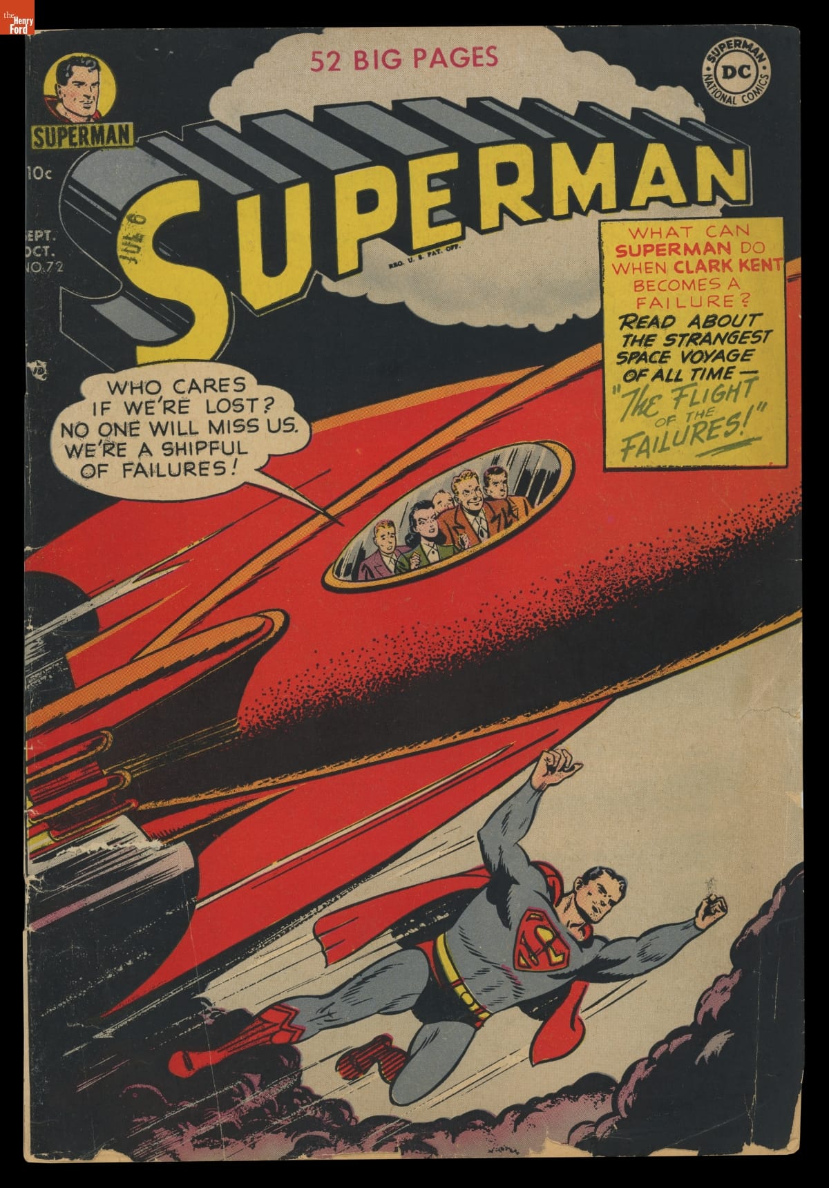 Man in blue and red super hero outfit flying underneath a red rocket with a number of people visible in a window; text