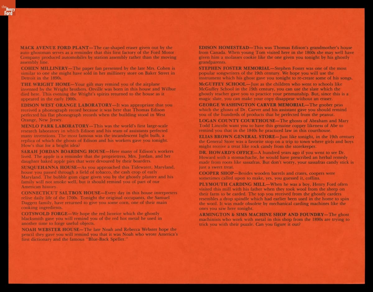 Brochure, Family Halloween in Greenfield Village, October 1983 (inside) Orange page with text