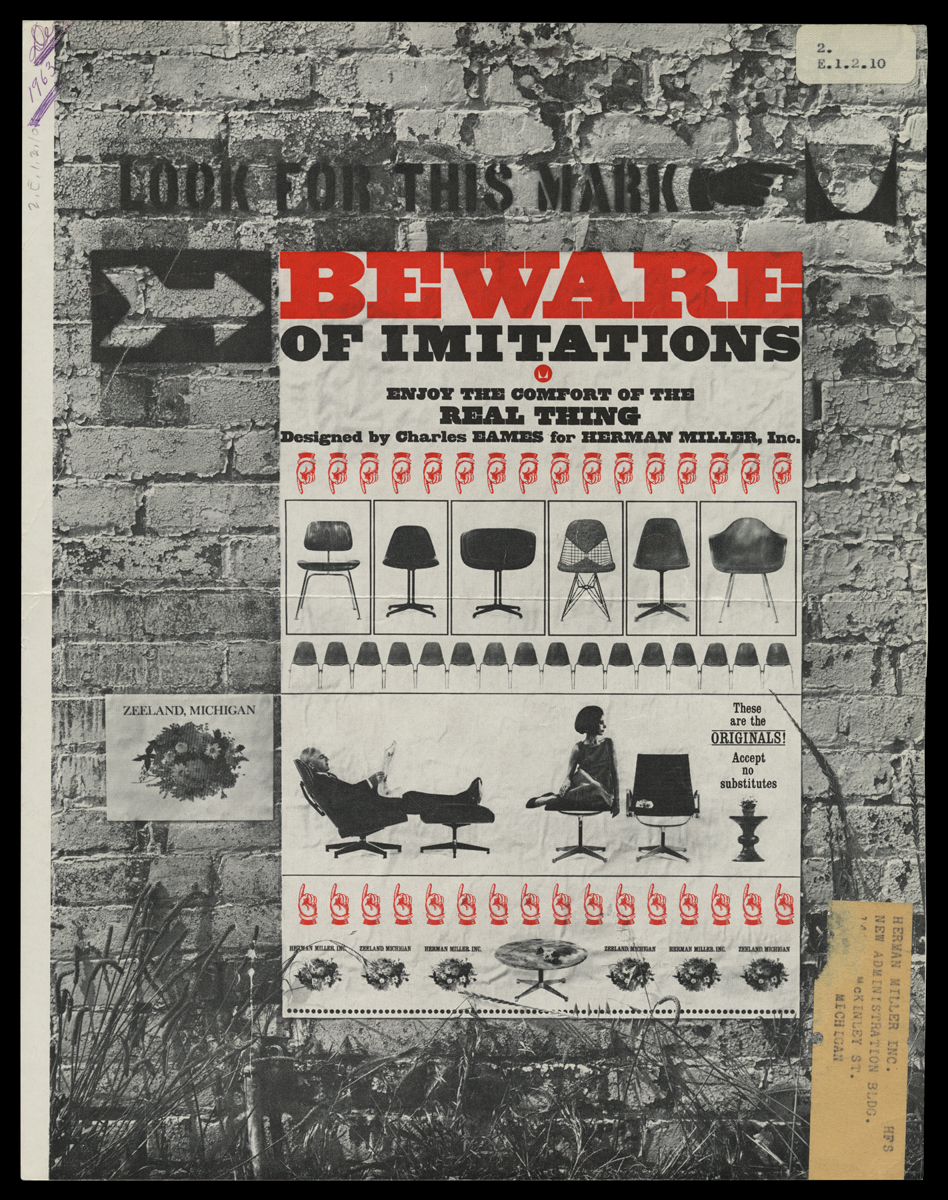 Herman Miller Advertisement, "Beware of Imitations," December 1963 Page with background of brick wall in black-and-white topped with "poster" of chairs in black and white and text and pointing hand icons in red