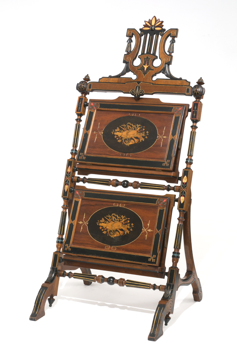 Print Stand, 1865-1875 Intricate wooden stand with inlay and carved designs