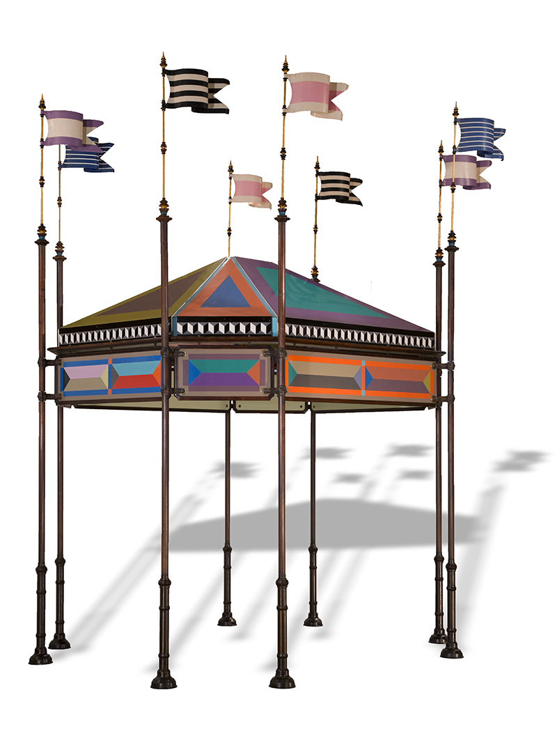 Kiosk From IBM Pavilion at the 1964 New York World's Fair Colorful tent-like structure with thin poles supporting a colorful roof and topped with flags