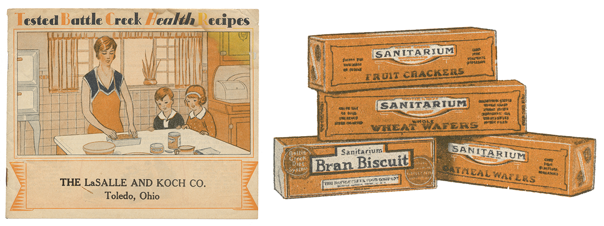 Tested Battle Creek Health Recipes, 1928. This recipe booklet is a great example of scientific motherhood in advertising. The booklet was sold along with crackers and cookies but used words like health, sanitarium, and tested to imply that the food was healthy for families like the one shown on the cover
