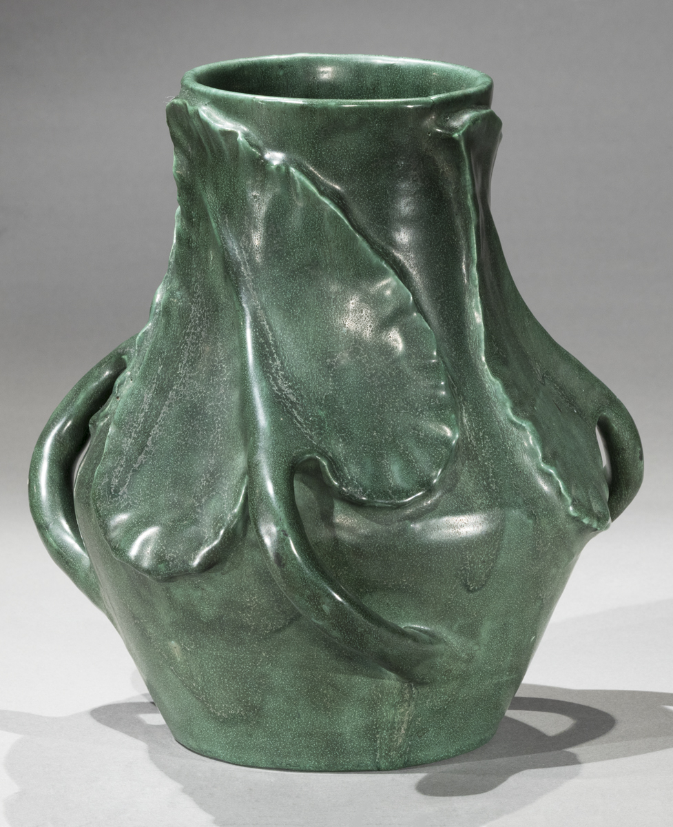 Vase, circa 1925 Green vase with swirling 3D leaf design