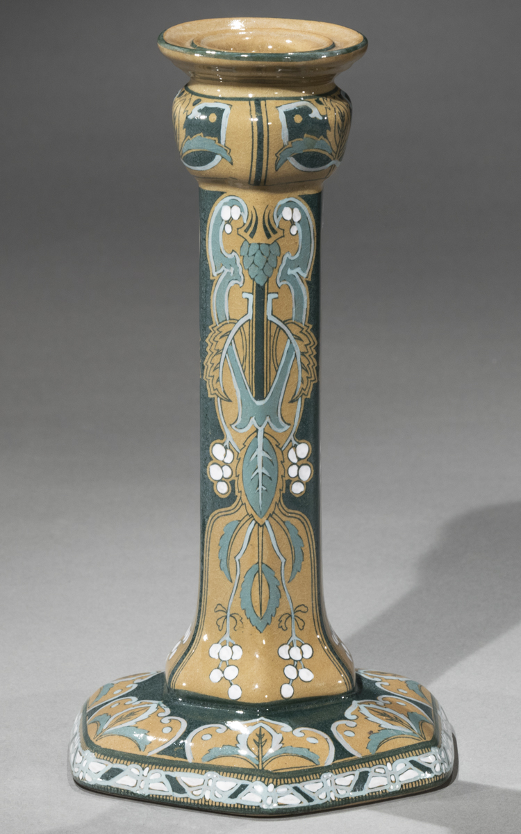Candlestick, 1911 Multicolored pottery candlestick with botanical and other designs