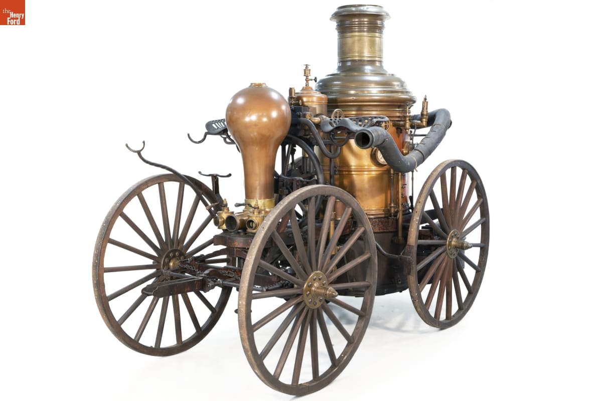 Horse-Drawn Steam Fire Engine, circa 1876 Machinery and copper tank mounted atop a four-wheeled wooden wagon