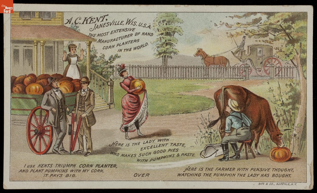 Farmhouse yard with wagon full of pumpkins, man milking cow, and woman carrying pumpkin, among other things; also contains text