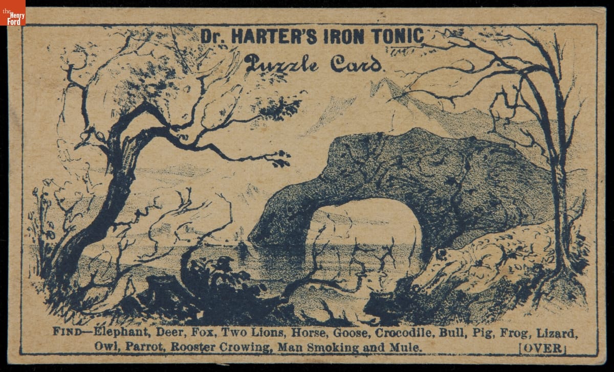 Drawing of a landscape with animal figures "hidden" in the landscape; also contains text