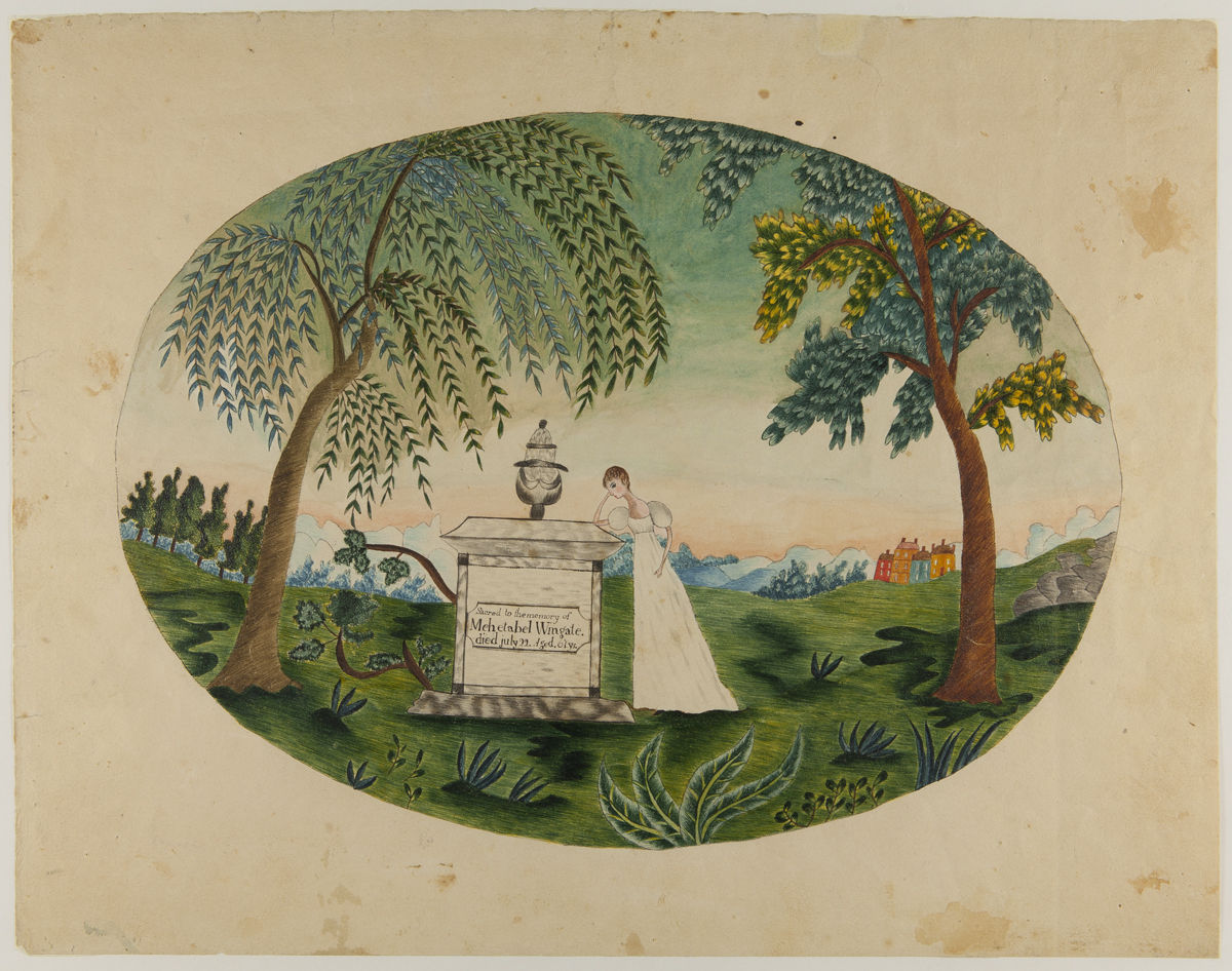 Watercolor Painting, Memorial for Mehitable Bradley Wingate, by her daughter Mehetabel Wingate, 1796 Oval-shaped painting of woman in white dress leaning on a memorial containing text