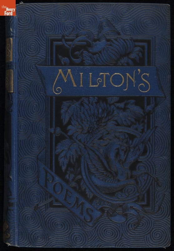 Book Used by the Wright Family, "The Poetical Works of John Milton," 1888 Blue book cover with text and images of winged horse and foliage, with swirling pattern in the background
