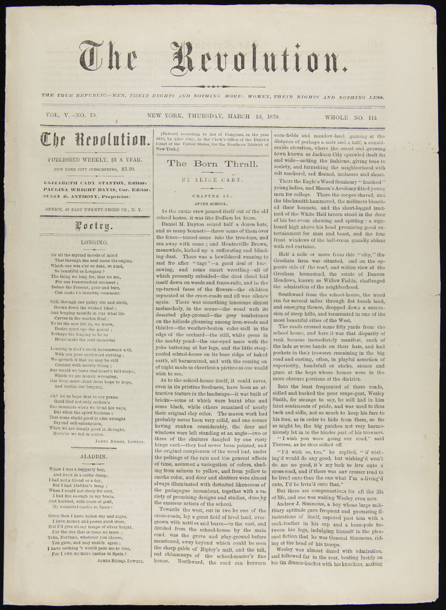 Three-column newspaper page with title “The Revolution” at top, with two poems in left column and article “The Born Thrall” by Alice Cary in the two right columns