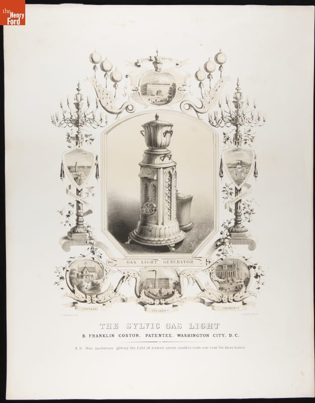 Illustration of elaborate pedestal topped with urn or jar, surrounded by  smaller illustrations and decorative elements