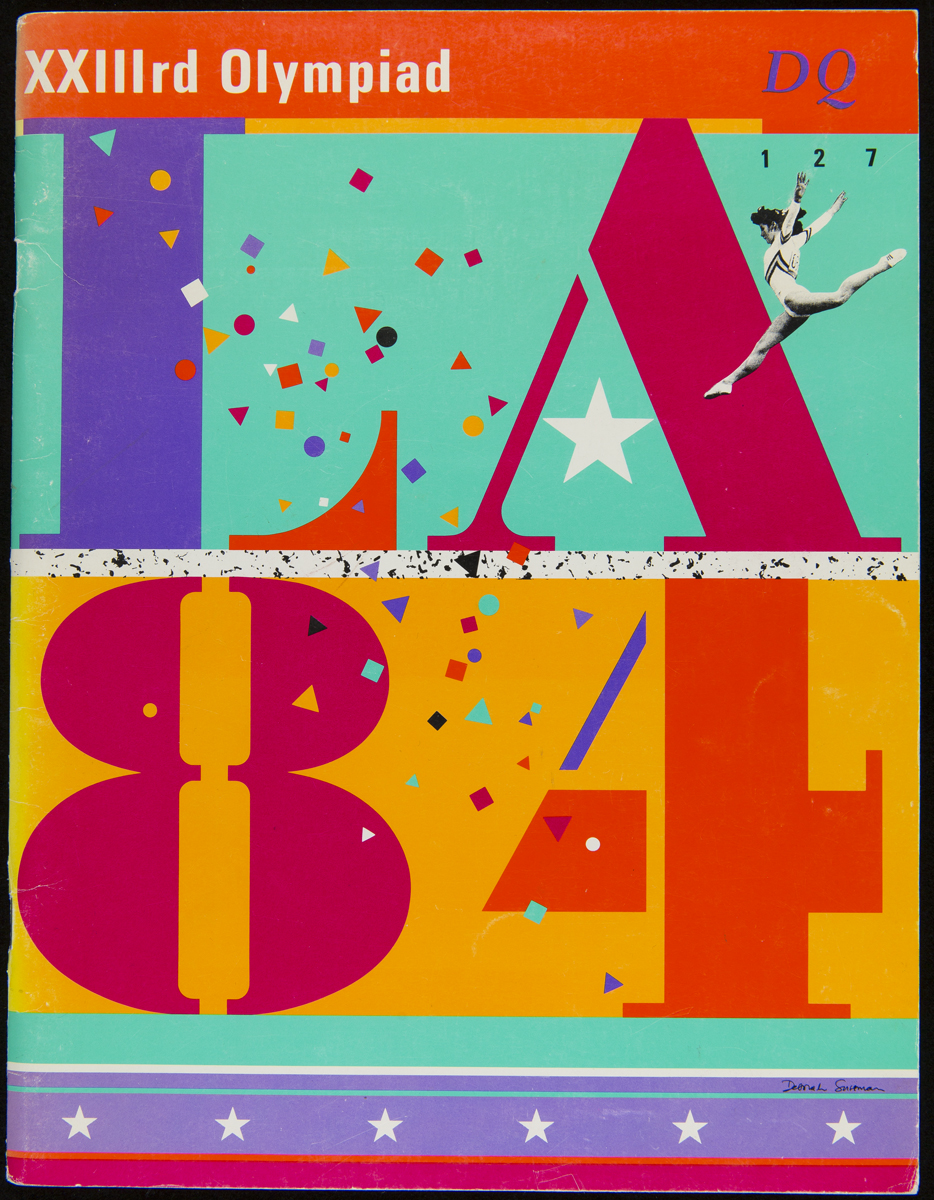 Design Quarterly 127, LA 84 Games of the XXIII Olympiad, 1985 Colorful page with large graphic characters "L A 8 4"