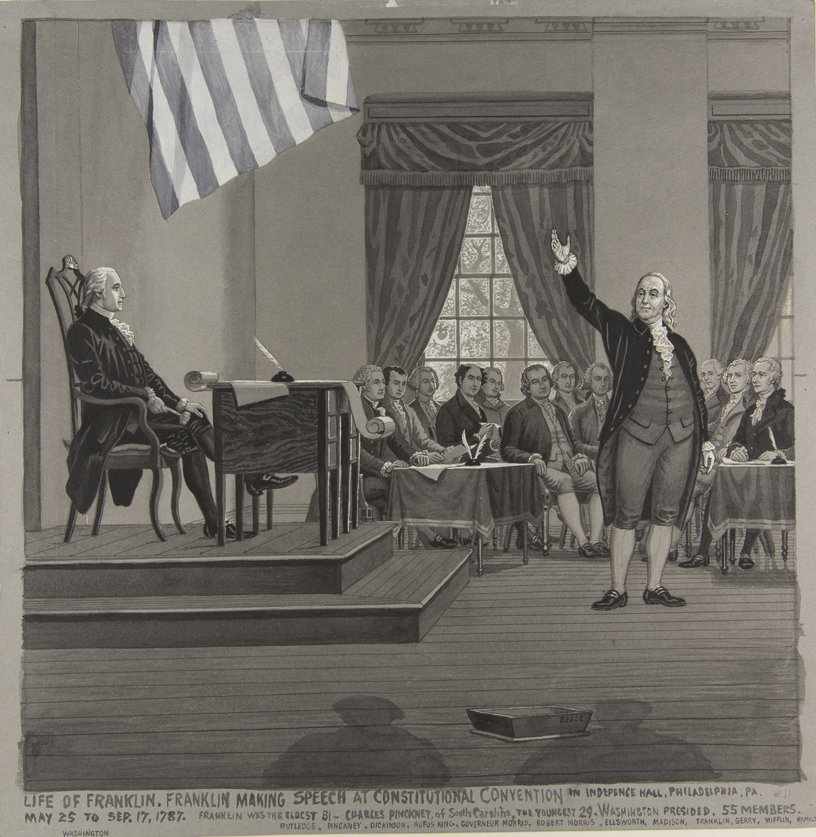 Man in suit with right arm upraised, in front of man sitting at desk on dais, with additional people at tables behind them