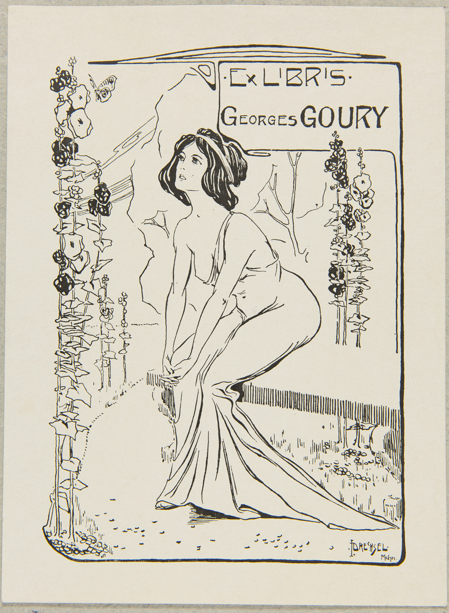 Woman sitting in a garden looks at flowers and a butterfly; contains text