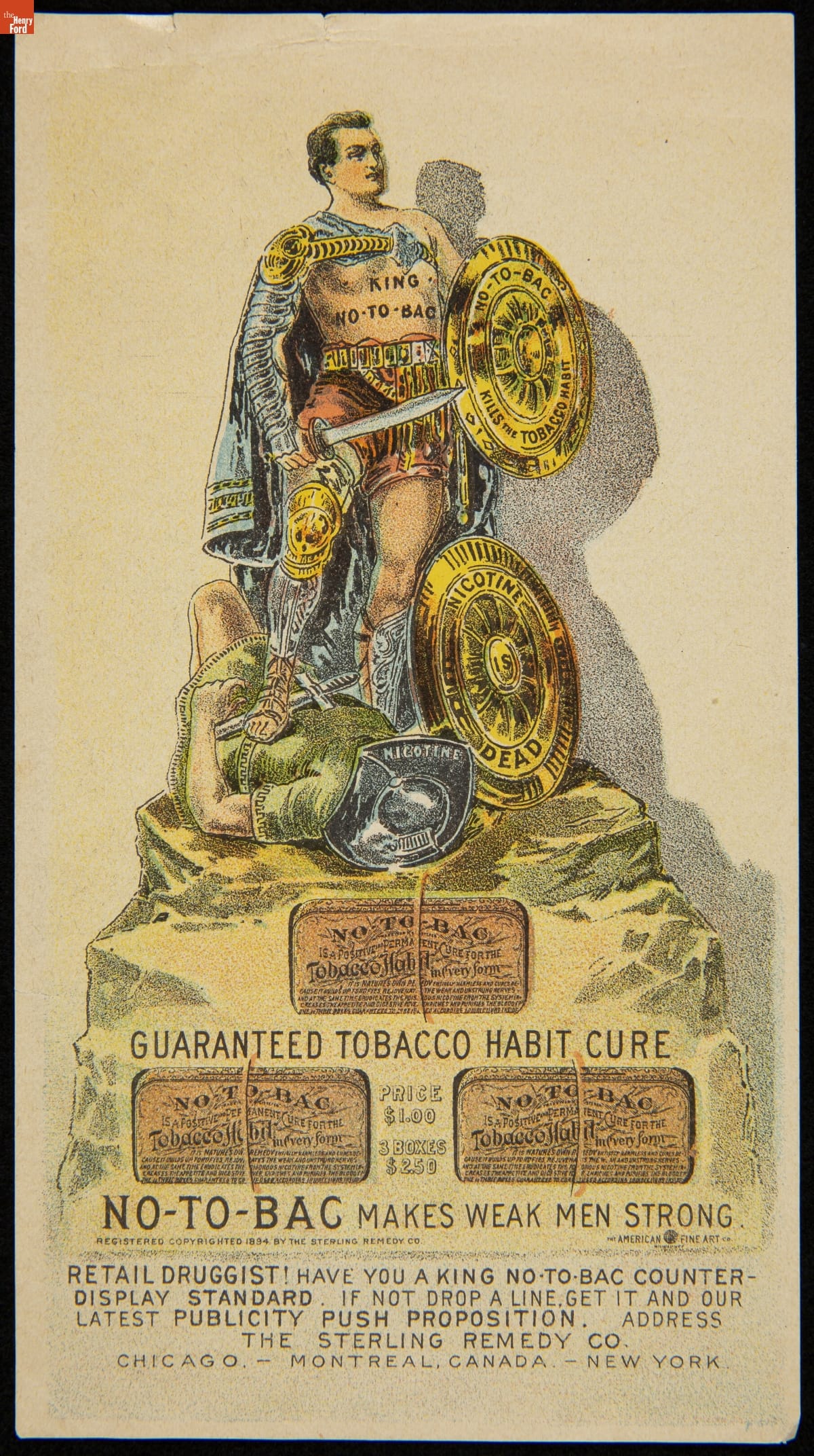 Shirtless man in cape with sword and shield stands with one foot on the chest of a man on the ground; also contains text