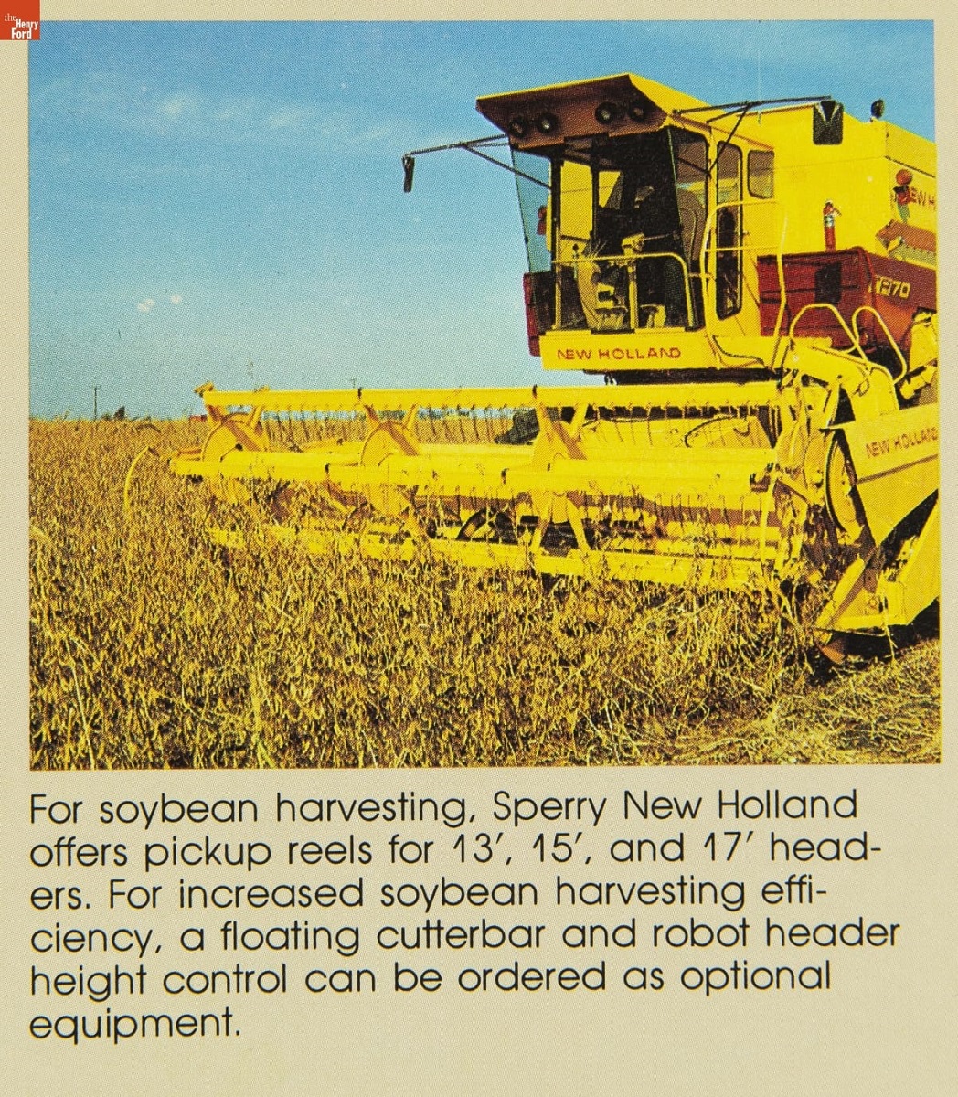 Sperry Rand Corporation - Sperry New Holland Division Catalog, "TR70 Twin Rotor Combine," 1977 / page10, detail Page with text and image of yellow agricultural equipment with reel in front harvesting a crop in a field