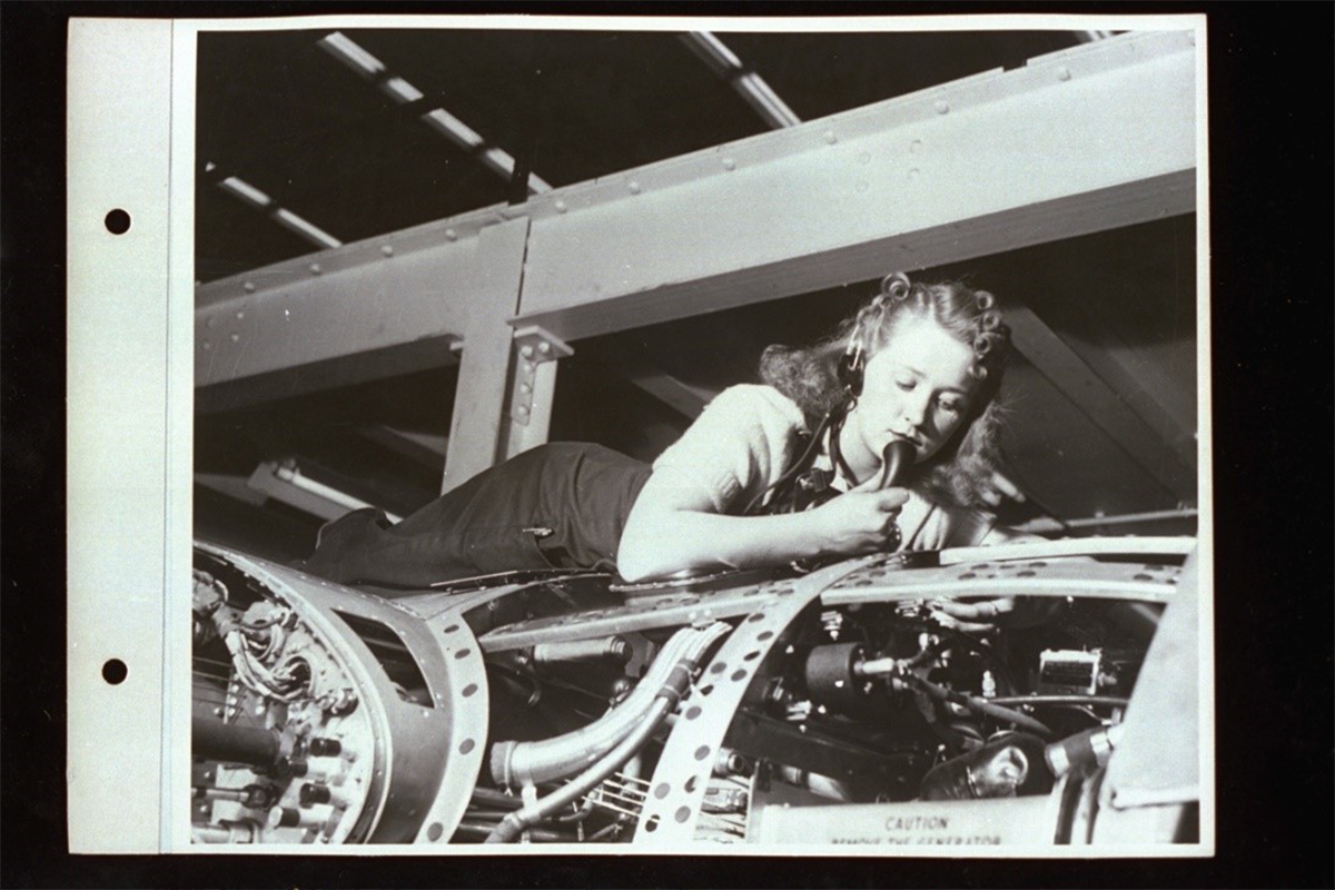 Norma Denton Atop an Airplane Assembly, February 1943
