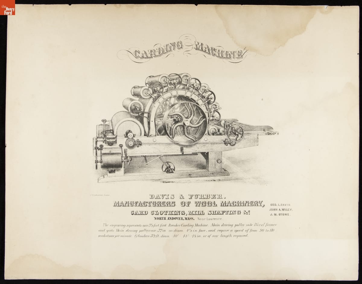 Carding Machine, circa 1860 Etching of machine with multiple rollers arranged in an arch shape; also contains text
