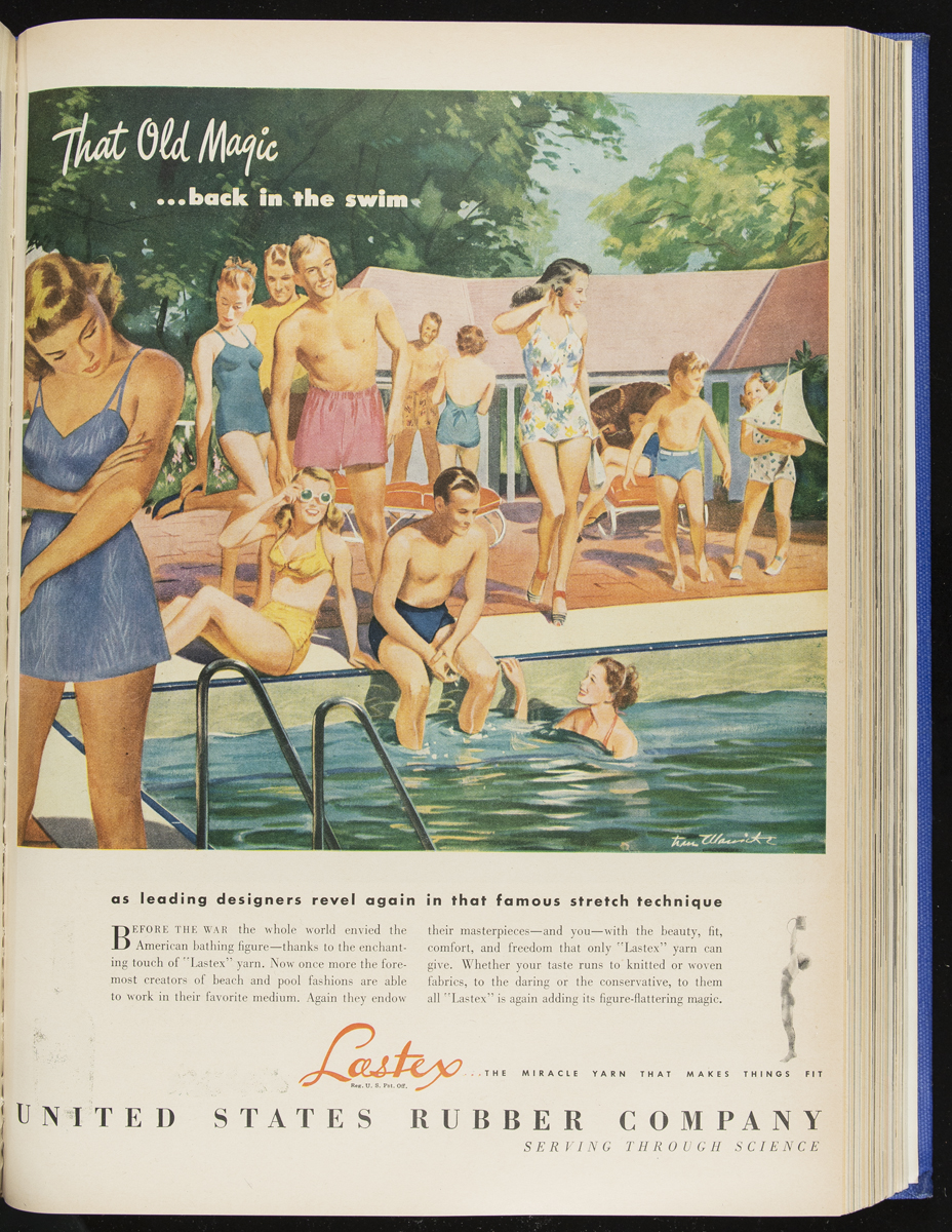 Life Magazine, Bound Volume, April-June 1946 / page 45 Advertisement with illustration of people in and by swimming pool; also contains text
