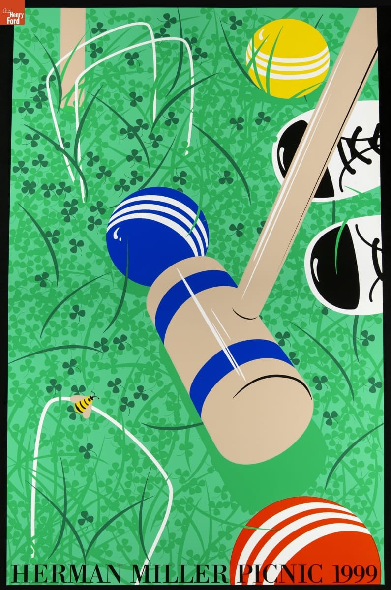 Poster illustrated with stylized view of croquet pitch with mallet, balls, hoops, and the player's shoes against a background of grass and clover