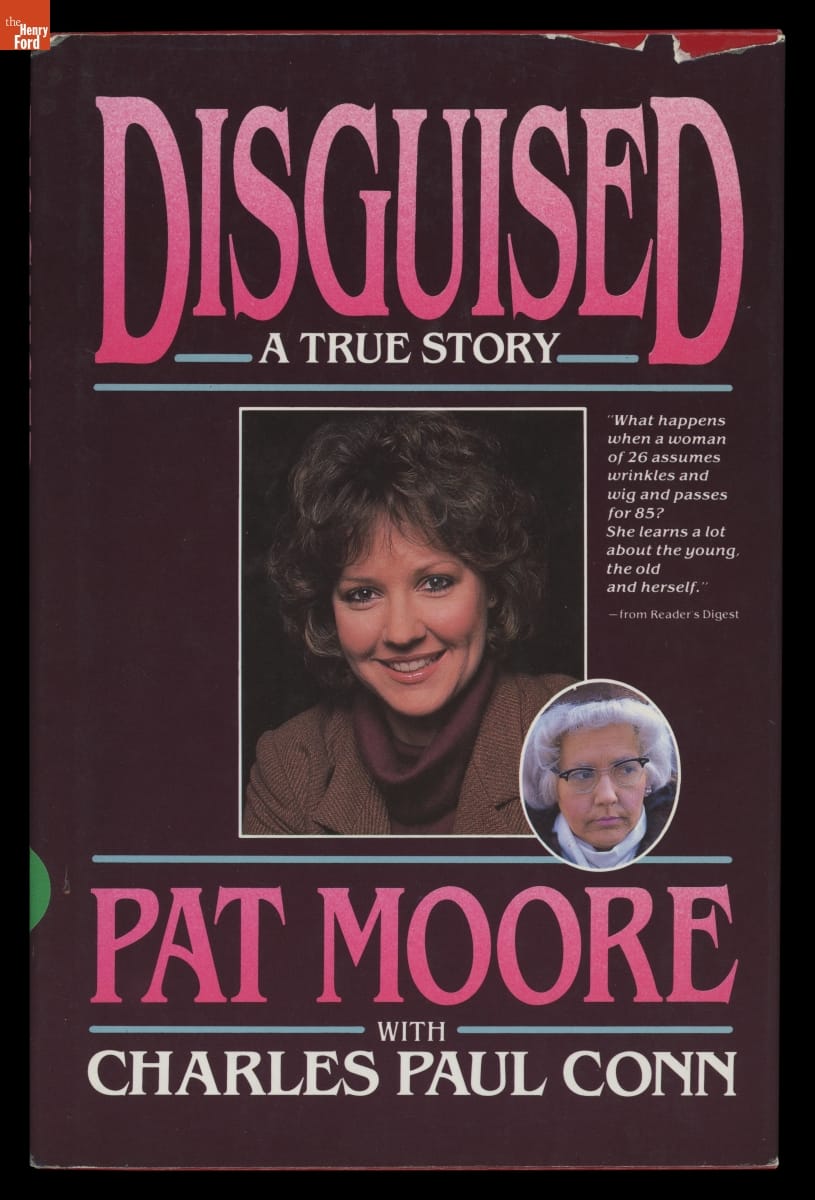 Disguised!, 1985 Book cover with text, portrait of smiling woman, and inset image of same woman in white wig, glasses, and makeup to simulate aging