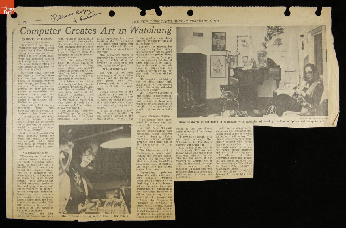 'Computer Creates Art in Watchung,' New York Times, February 2, 1975.