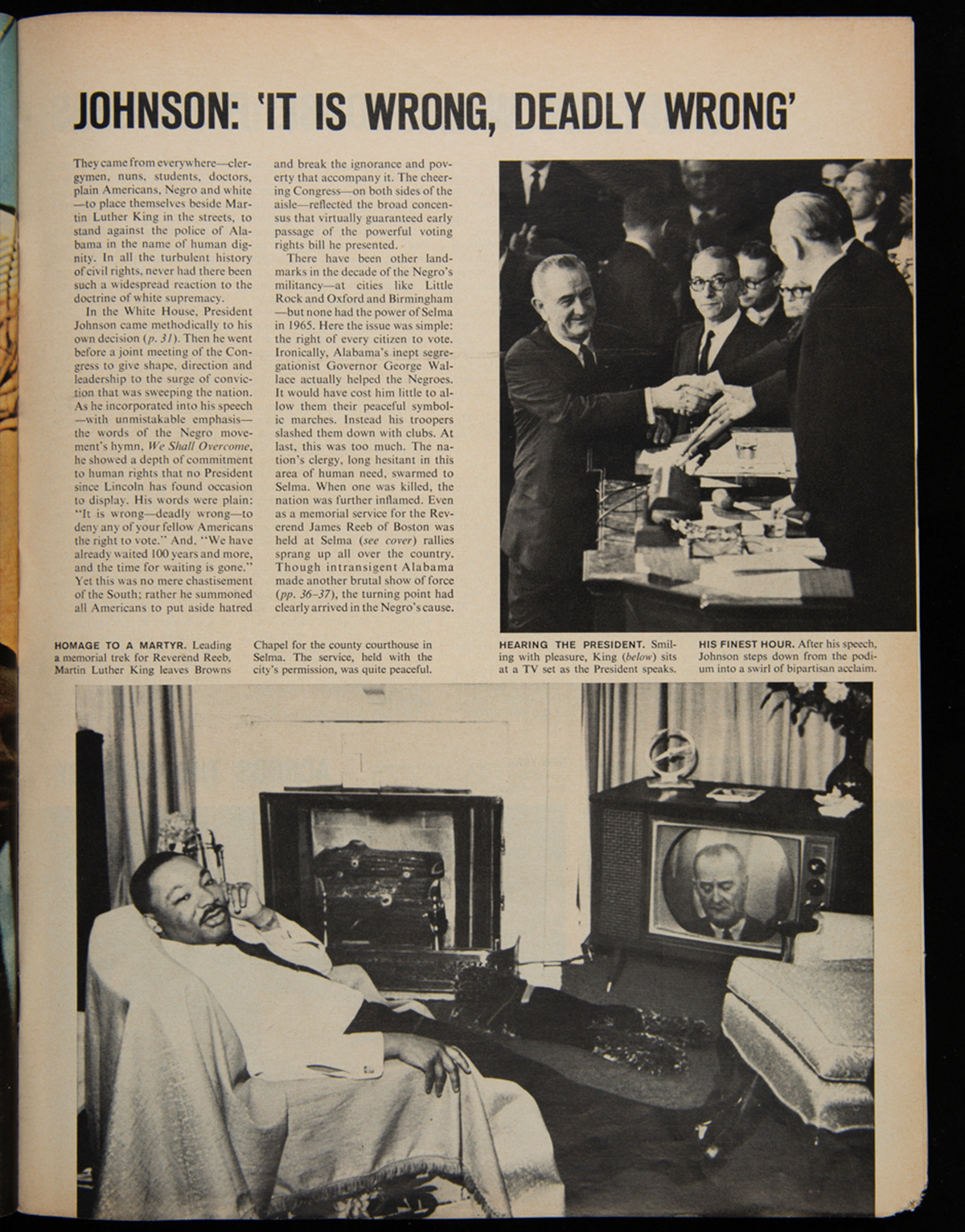 The Rev. Dr. Martin Luther King Jr watched President Lyndon Baines Johnson’s speech from the living room of the Jackson Home on March 15, 1965. Photo feature in Life Magazine, March 26, 1965