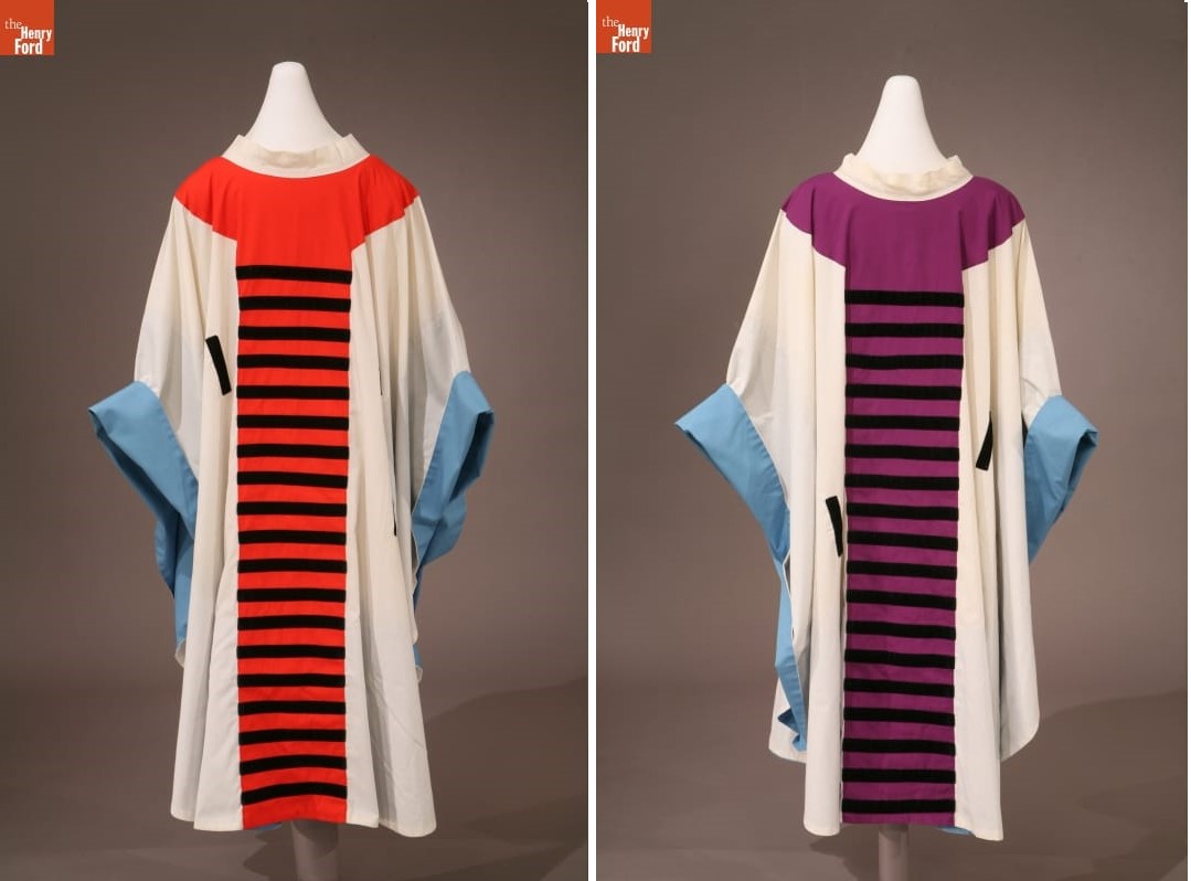 Mixed Chorus Tenor and Bass Vocalist Choir Robes Two white robes with blue bands around the wrists, one with a red center panel with black stripes; the other with an purple center panel with black stripes