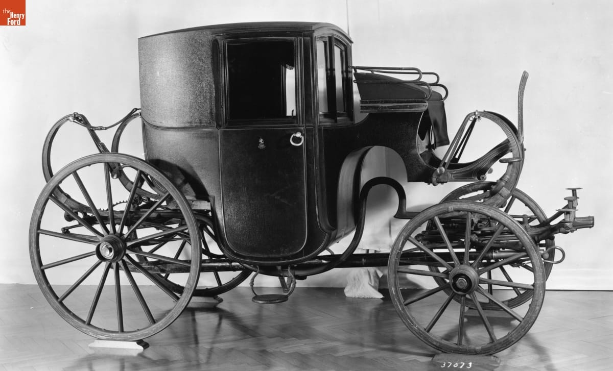 Brougham Built for Exhibition at the World's Columbian Exposition in Chicago, 1893 Black-and-white photo of an enclosed carriage with curved lines