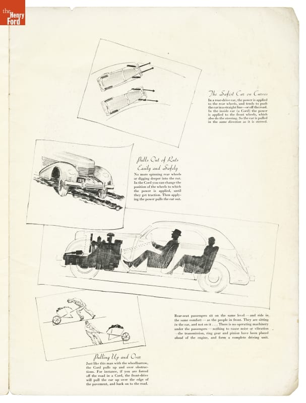1937 Cord Sales Brochure, "Quality Automobiles" Page containing several drawings and text