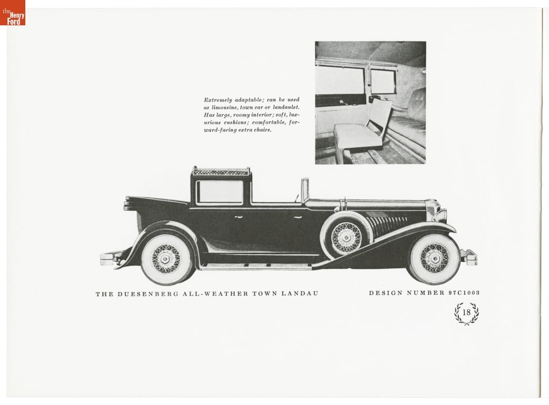 1930 Duesenberg Sales Catalog, "The World's Finest Motor Car" / page 18 Long, boxy car; also contains text and inset image of car interior