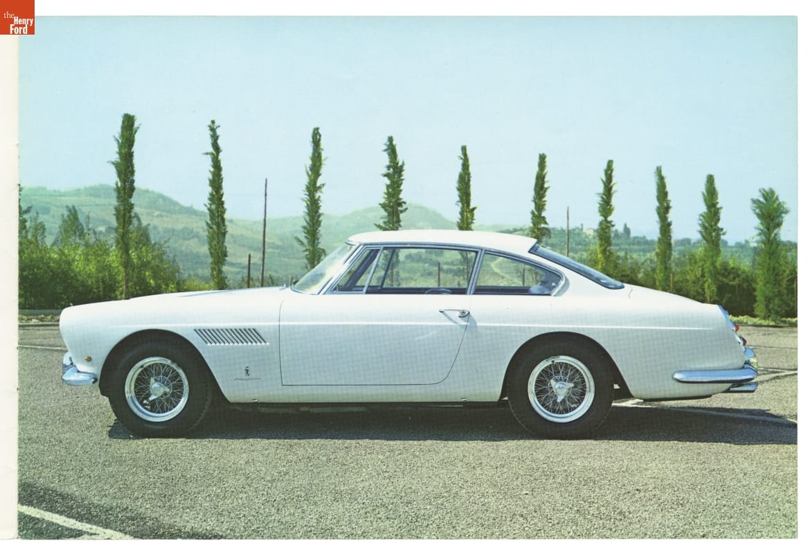 1961 Ferrari Sales Brochure White car parked in front of landscape with a row of thin trees